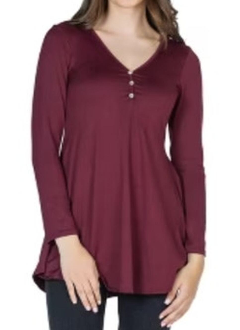 24seven Comfort Apparel Women's Flared Long Sleeve Henley Top in Dark Red